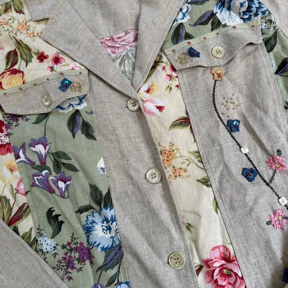 Vintage linen beaded floral boho western coastal cowgirl summer button up top - Picture 3 of 8